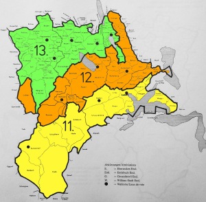Der «Eschermander»: Die Wahlkreise für die Nationalratswahlen 1851 im Kanton Luzern. Der gelb eingefärbte Wahlkreis repräsentiert die «Kalkregion» (3 Sitze), der orange die «Molasseregion» (2 Sitze) und der grüne die «Ebene» (2 Sitze).