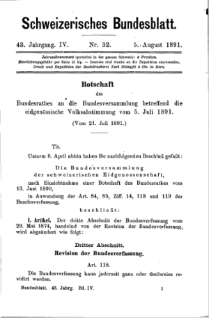 Bundesblatt, das die Einführung der Volksinitiative auf Teilrevision der Bundesverfassung kundtat (BBl 1891 IV 1).